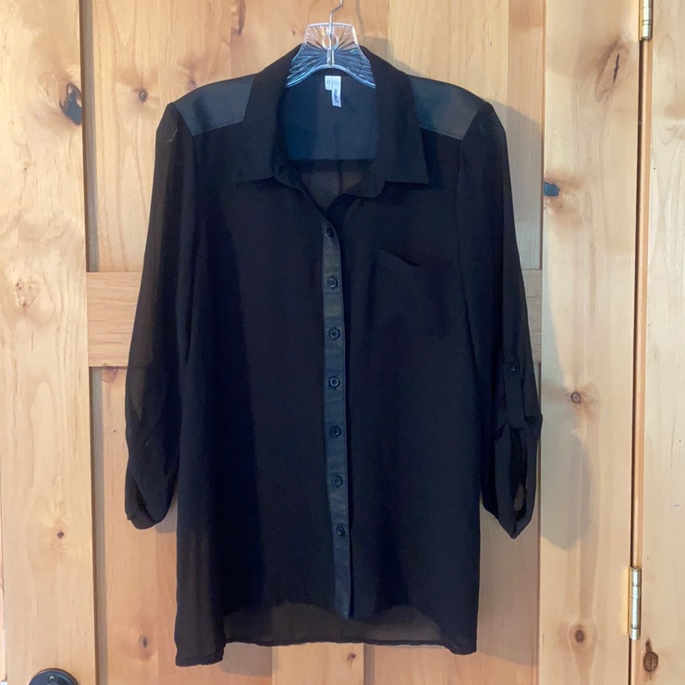 Studio Y black sheer top w/ faux leather accents